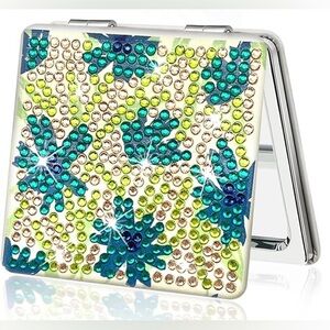 Diamond Art Floral Compact Mirror, Double-Sided, Sparkly (BLUE, GREEN)